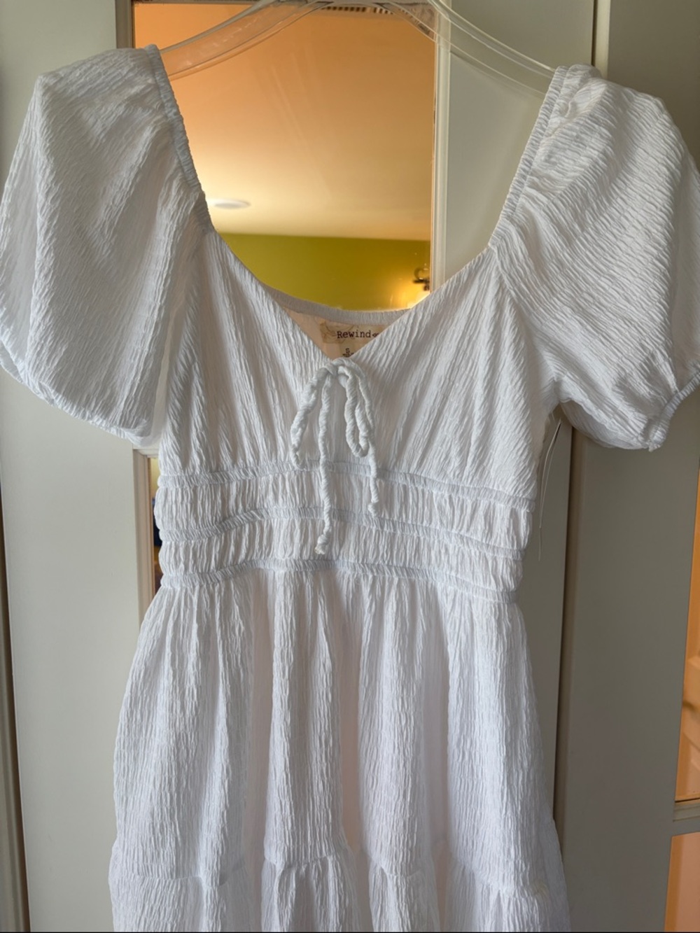 NWT S Rewind White Crinkle Puff Sleeve Midi Dress juniors